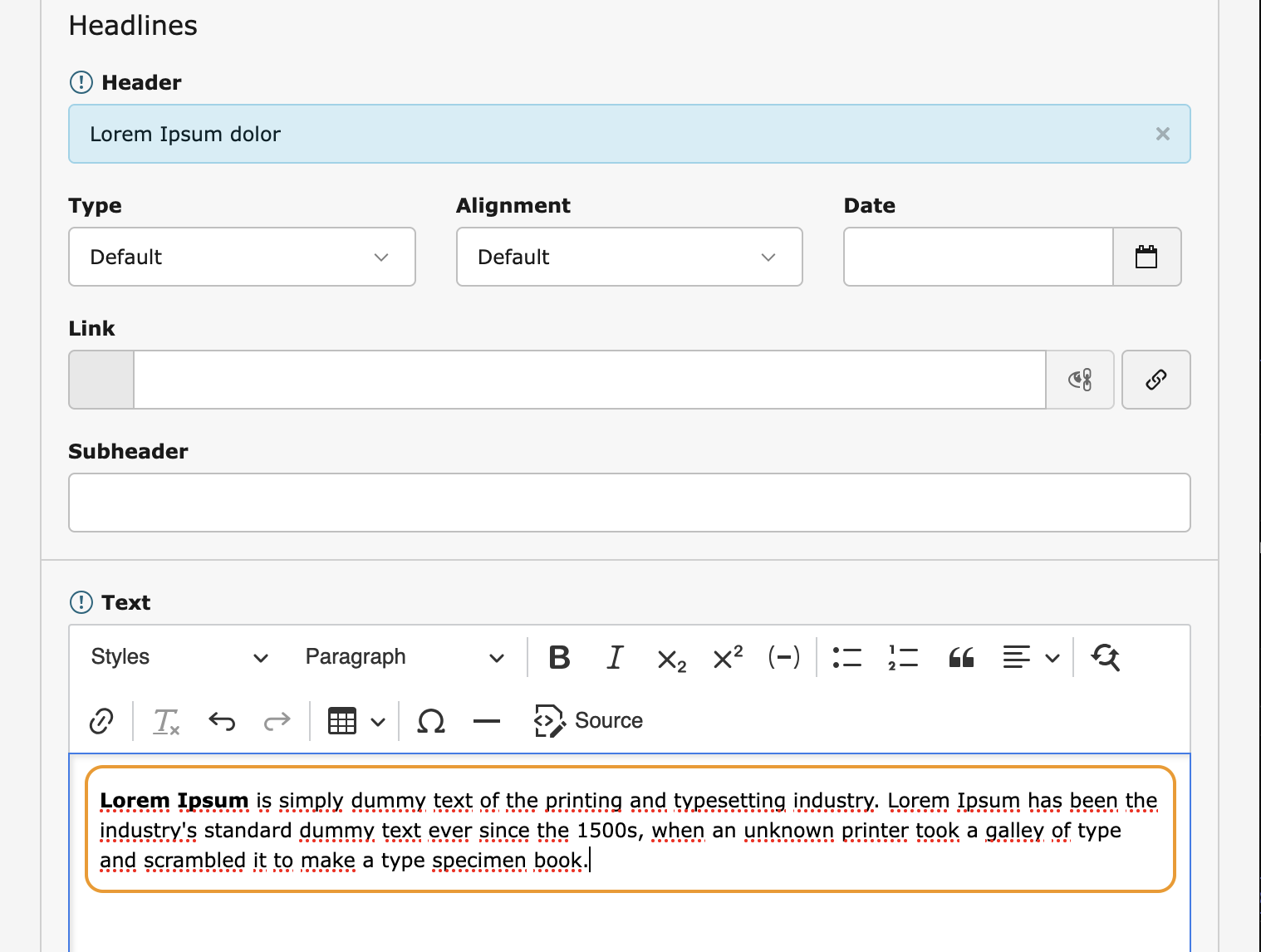 Enter some arbitrary text in the Rich Text Editor (RTE)