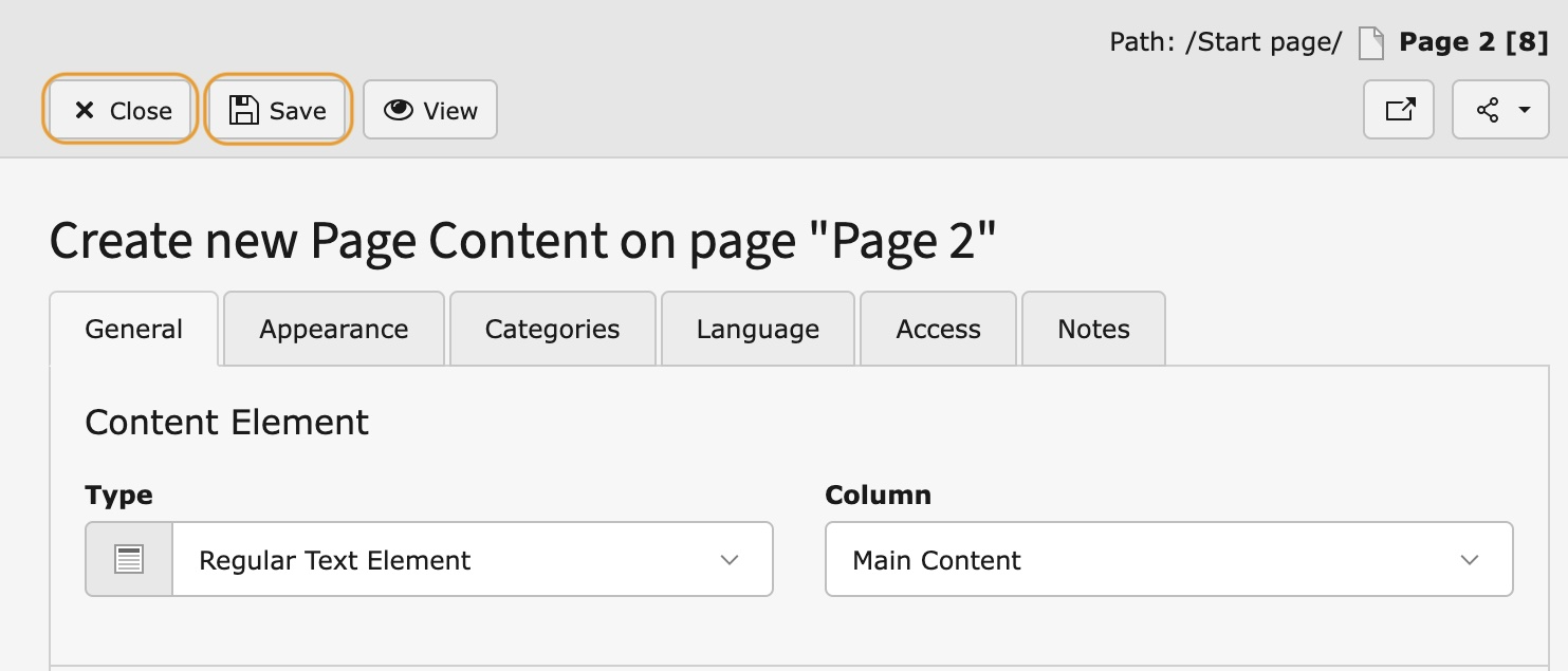 Save and close the new content element