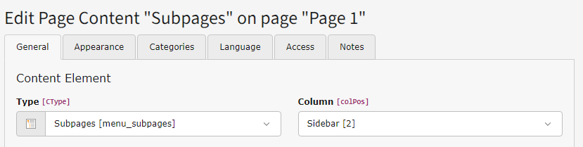 Screenshot demonstrating the backend debug mode for Content element "Subpages" on "Page 1"