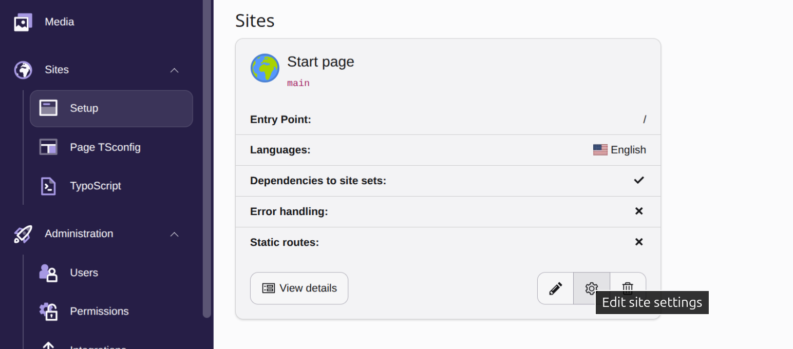 Screenshot of module "Sites > Setup" with the button to edit the site settings