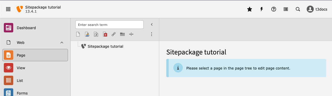 Screenshot of a fresh TYPO3 13.4-dev installation with no page in the page tree