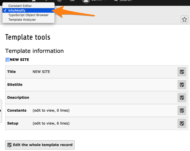 The Info/Modify view of the Template module