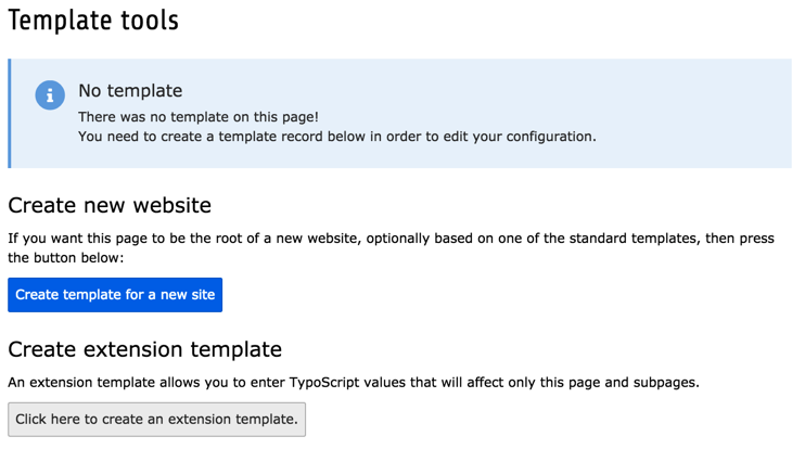 The Template module showing the absence of template on the selected page