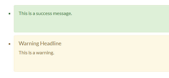 Screenshot of two flash message one with success and one with warning severity