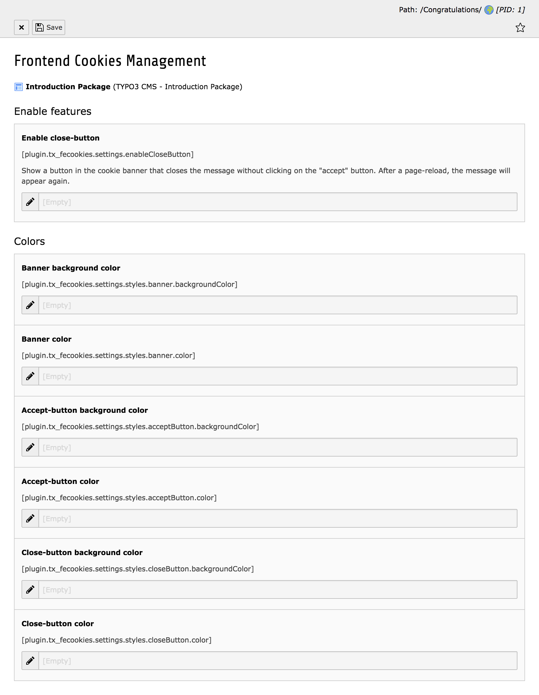 Default settings overview