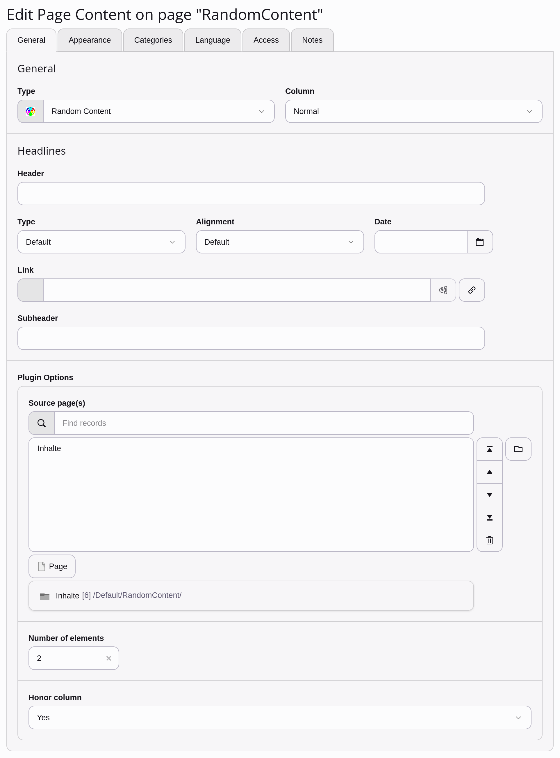 Screenshot of plugin flexform