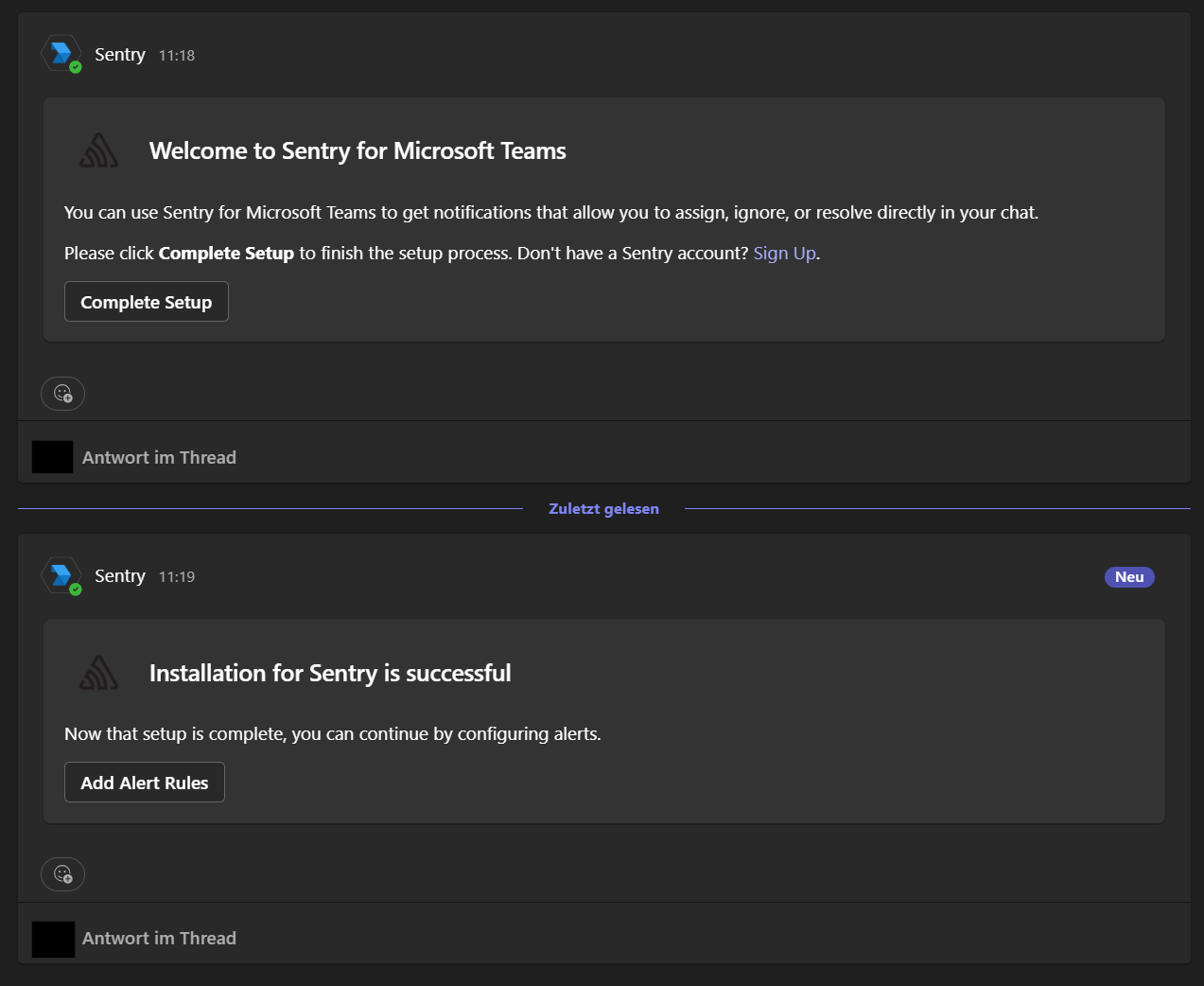 Microsoft Teams messages for completing and confirming the Sentry integration