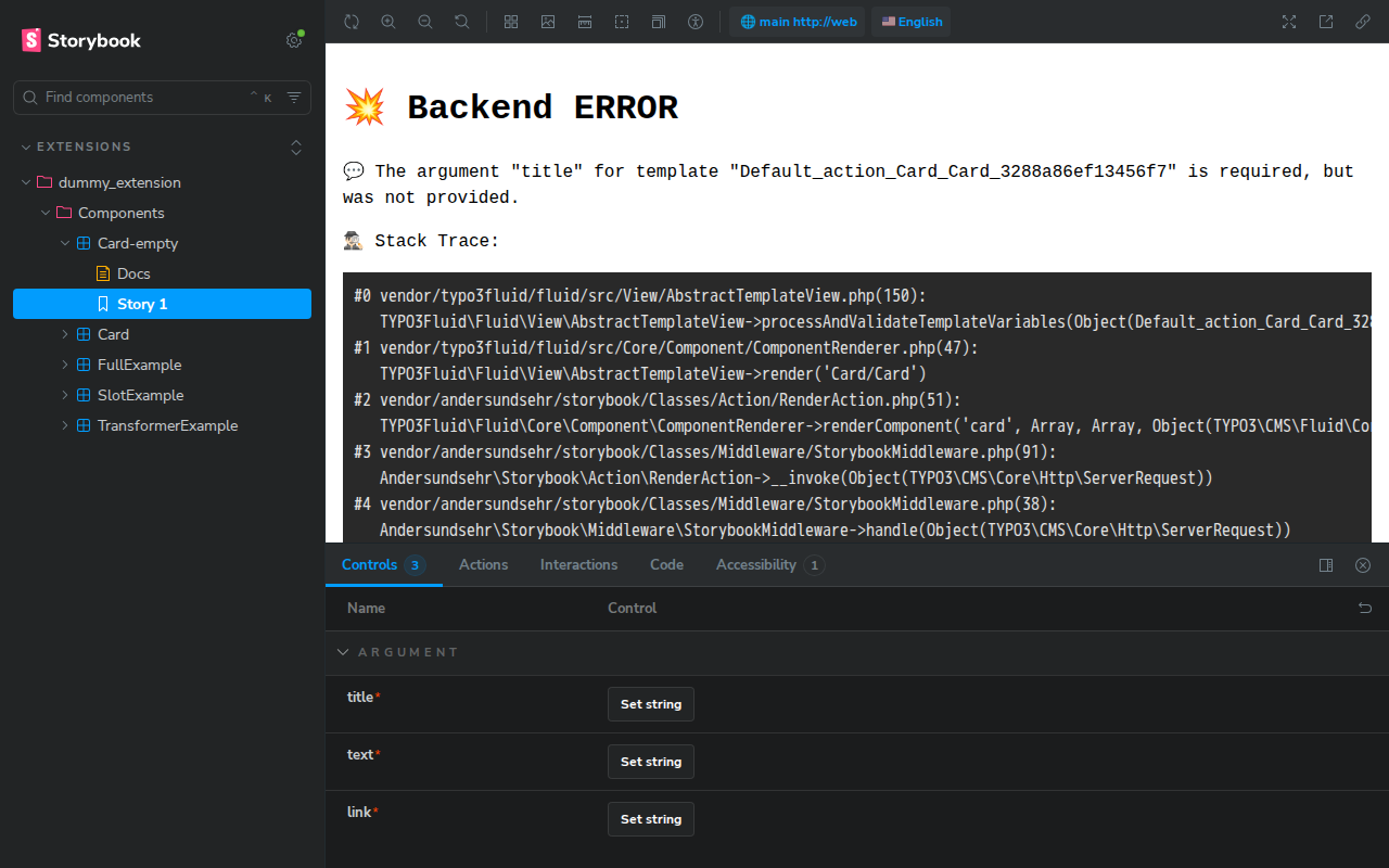 The error is shown in the Storybook UI