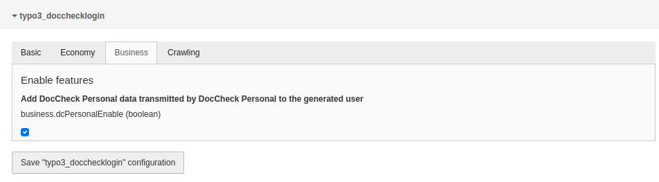 Configuration screen: Business