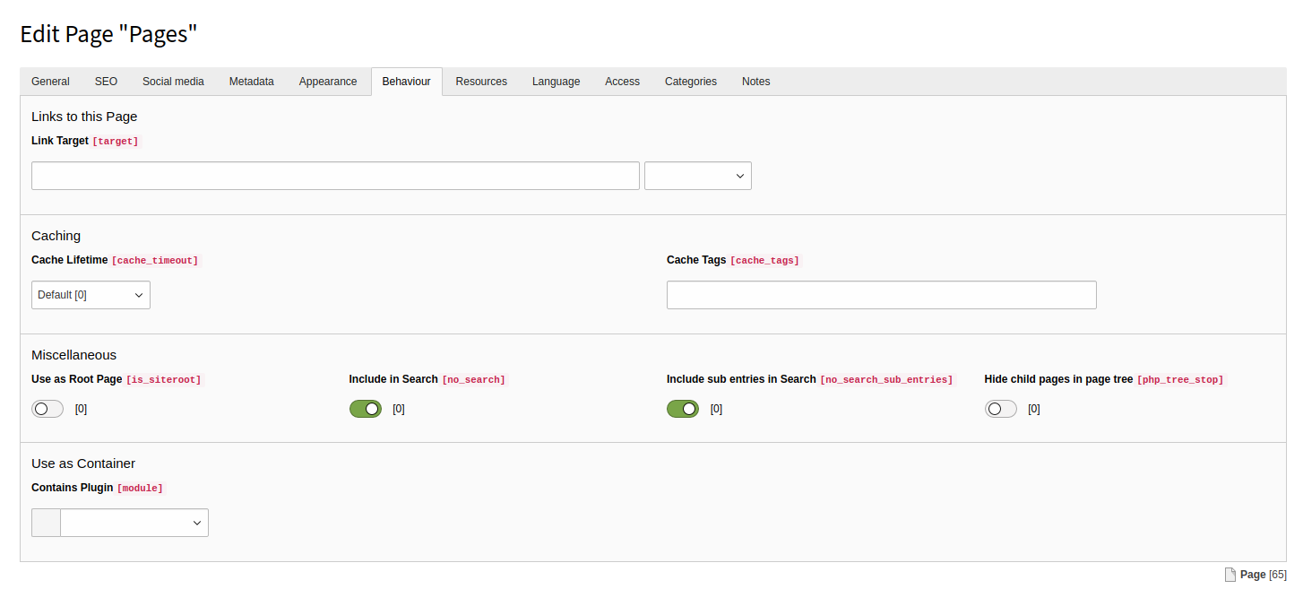The Behaviour tab of the page properties