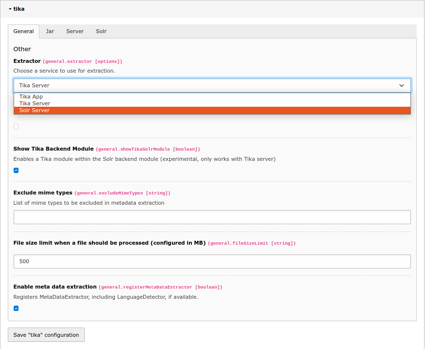 Extension configuration for EXT:tika - Choosing App extractor in General tab