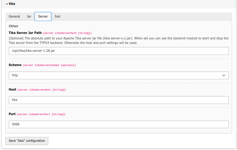 Extension configuration for EXT:tika - Provide the connection infos/datas for Tika Server