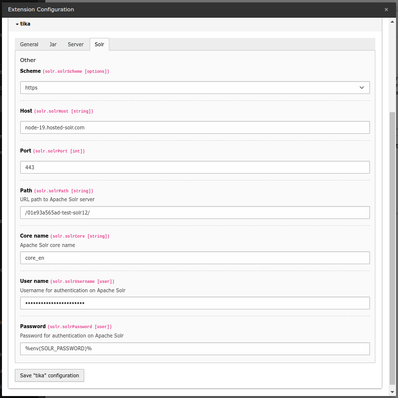Extension configuration for EXT:tika - Provide the connection infos/datas for Solr Server