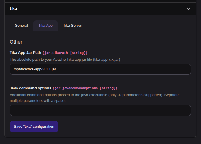Extension configuration for EXT:tika - Provide the path to downloaded App file