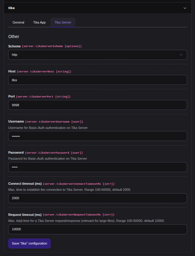 Extension configuration for EXT:tika - Provide the connection infos/data for Tika Server