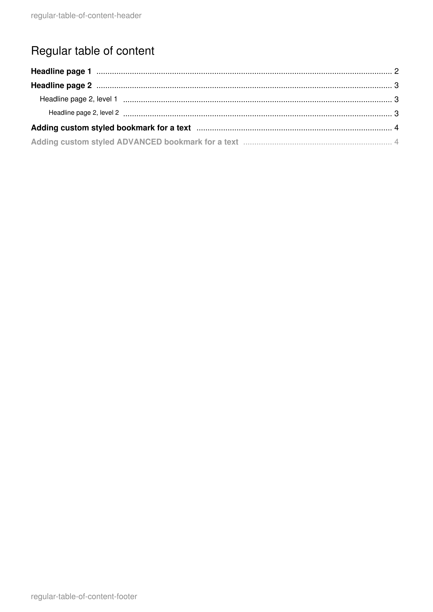 Table of content example output