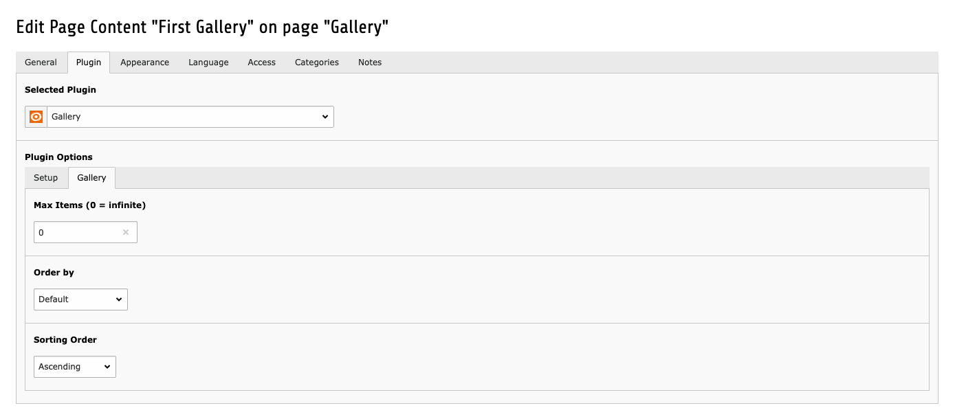 Backend view of EXT:bm_image_gallery plugin for limiting number of images and sorting