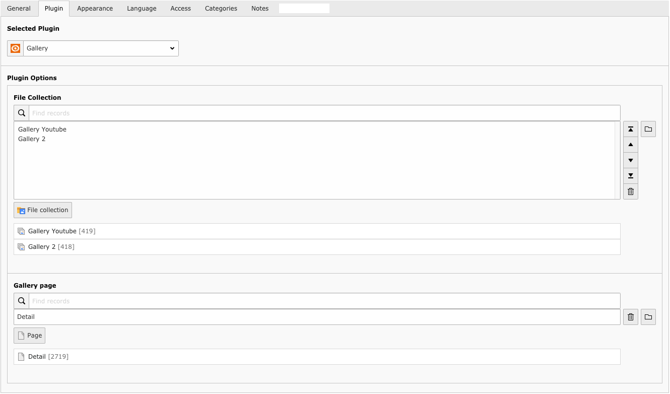 Backend view of EXT:bm_image_gallery plugin for a gallery list