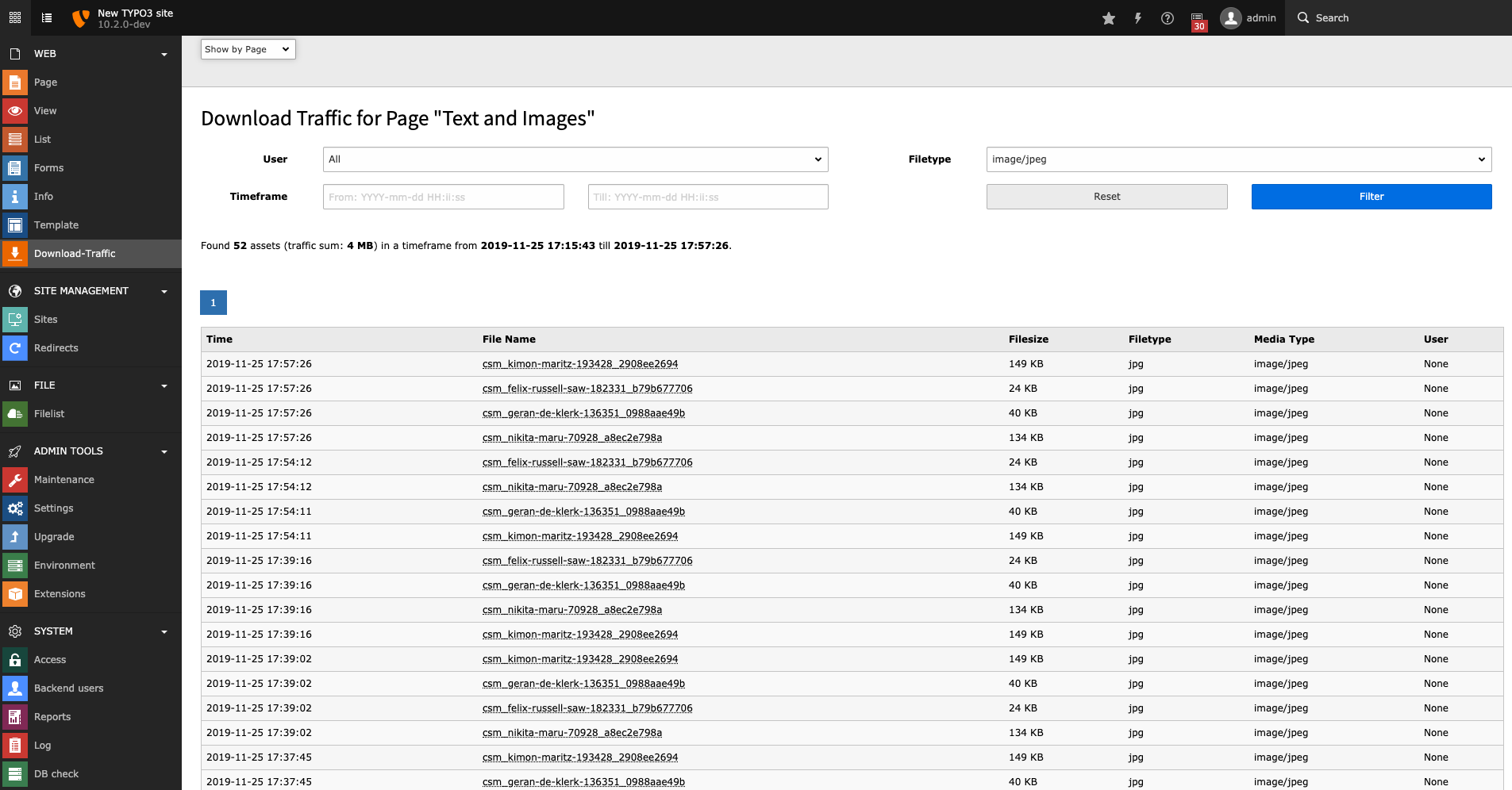 Example view of the backend module.