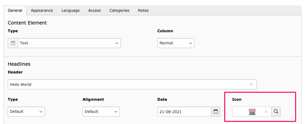 Backend form with Icon Picker element
