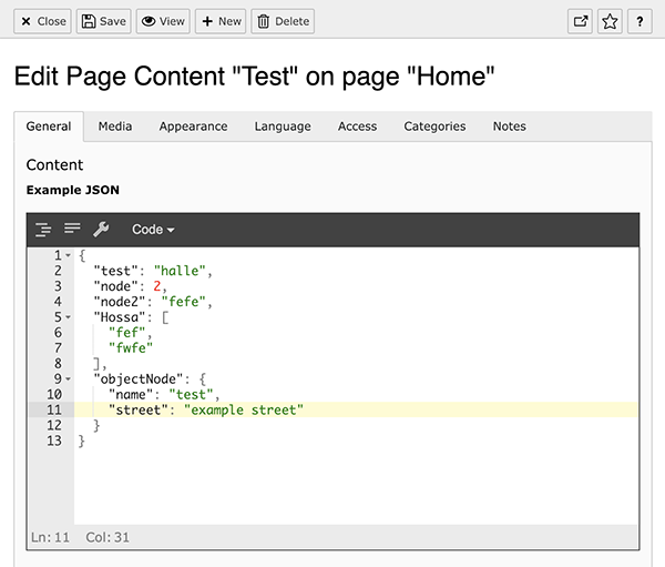 Backend form with JSON Editor element