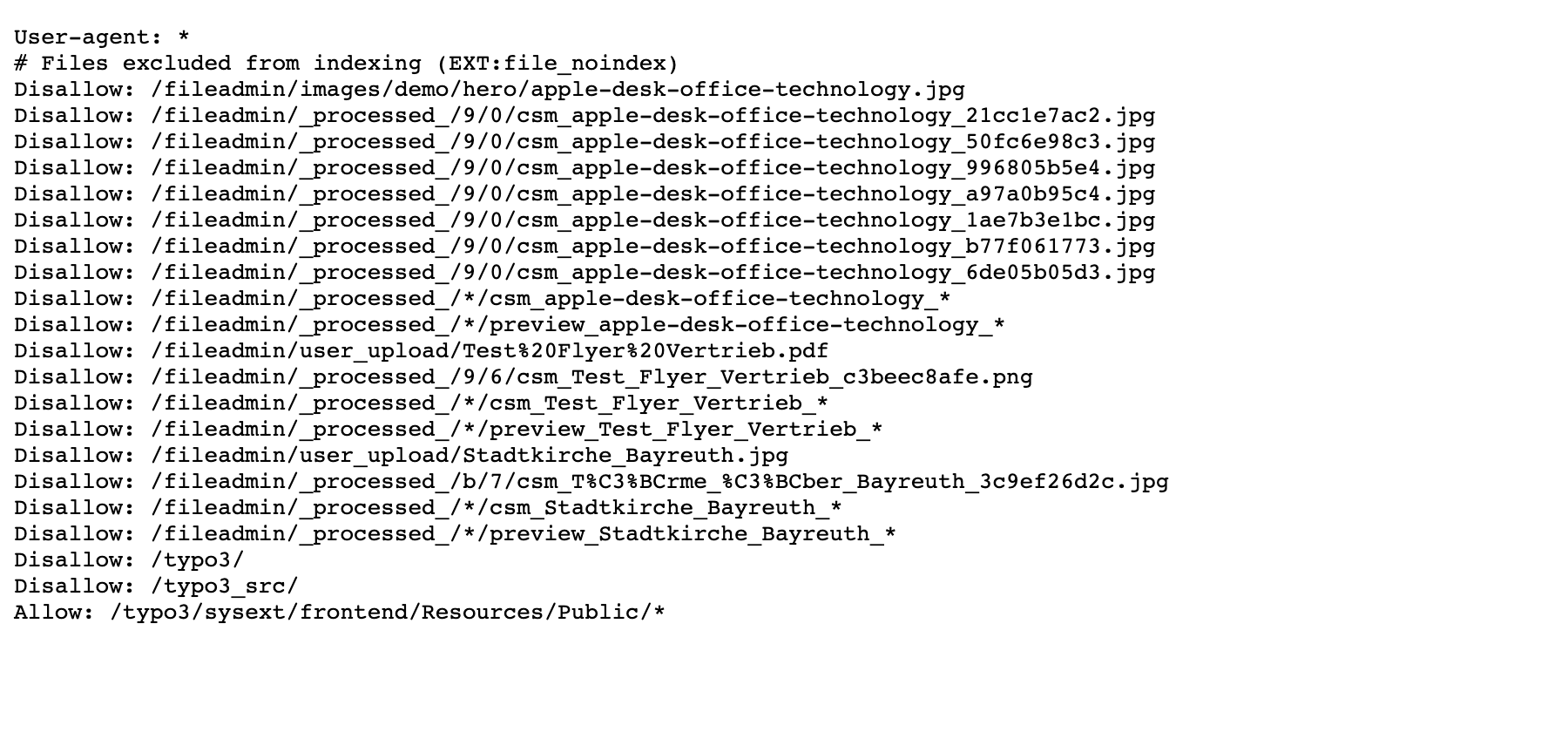 Generated robots.txt with disallow entries