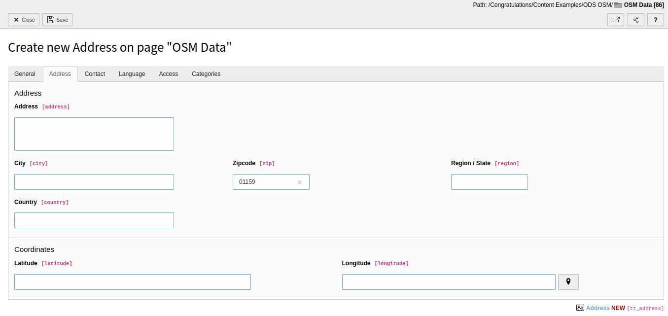 Screenshot of form to create new address record with input fields for city, postalcode, longitute and latitude