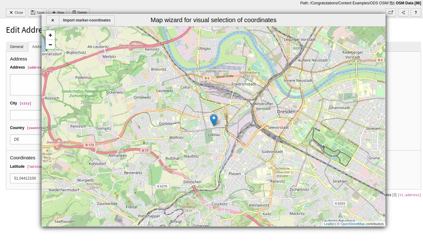 Screenshot of same tt_address form with coordinate wizard (map view) as modal overlay
