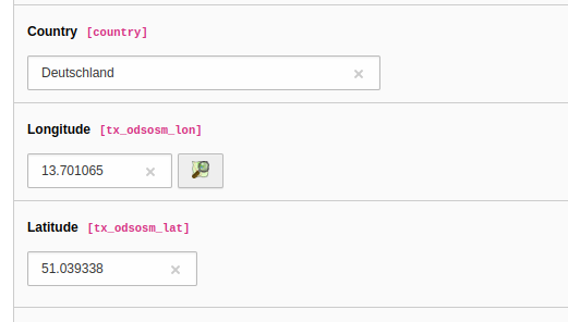 Part of the form of a fe_users record with fields for longitude and latitude.