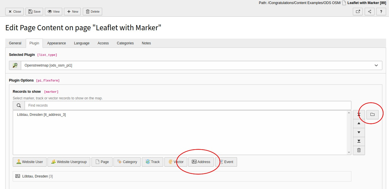 Screenshot of the OSM plugin settings with selected tt_address record.