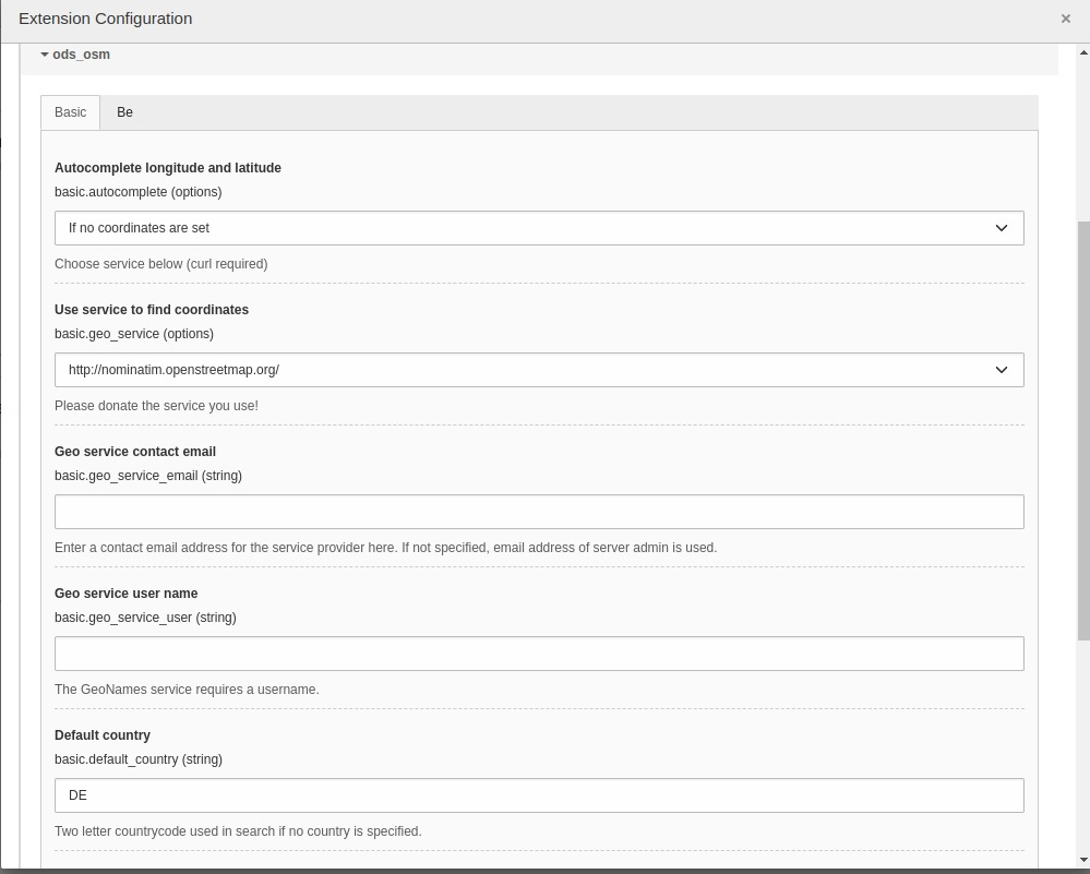 Screenshot with first part of the ods_osm settings in the extension configuration