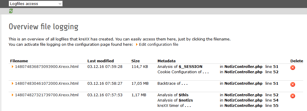 Logfiles backend menu