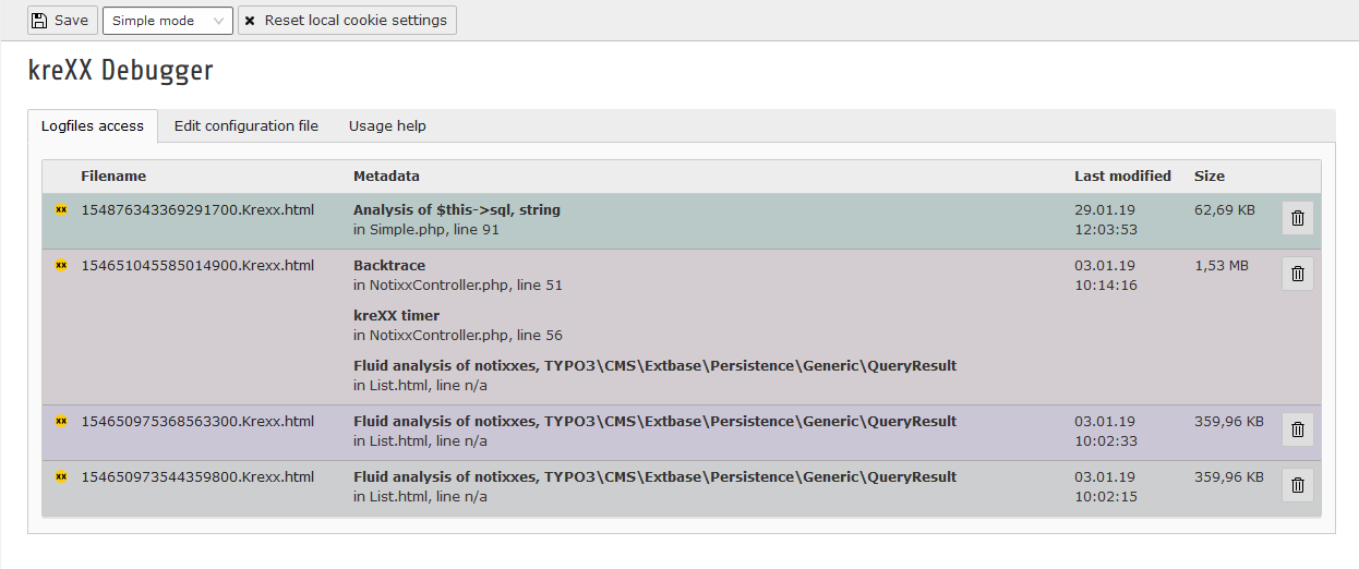 Logfiles backend menu