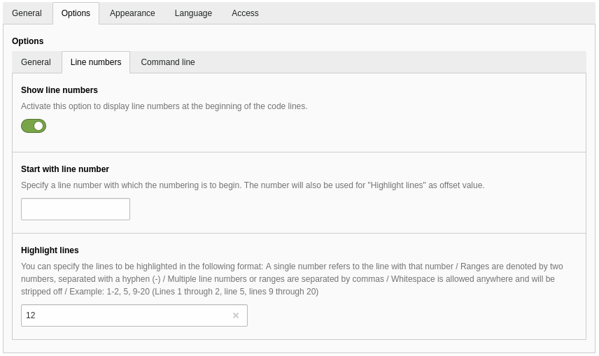 Options for showing and adjusting line numbers