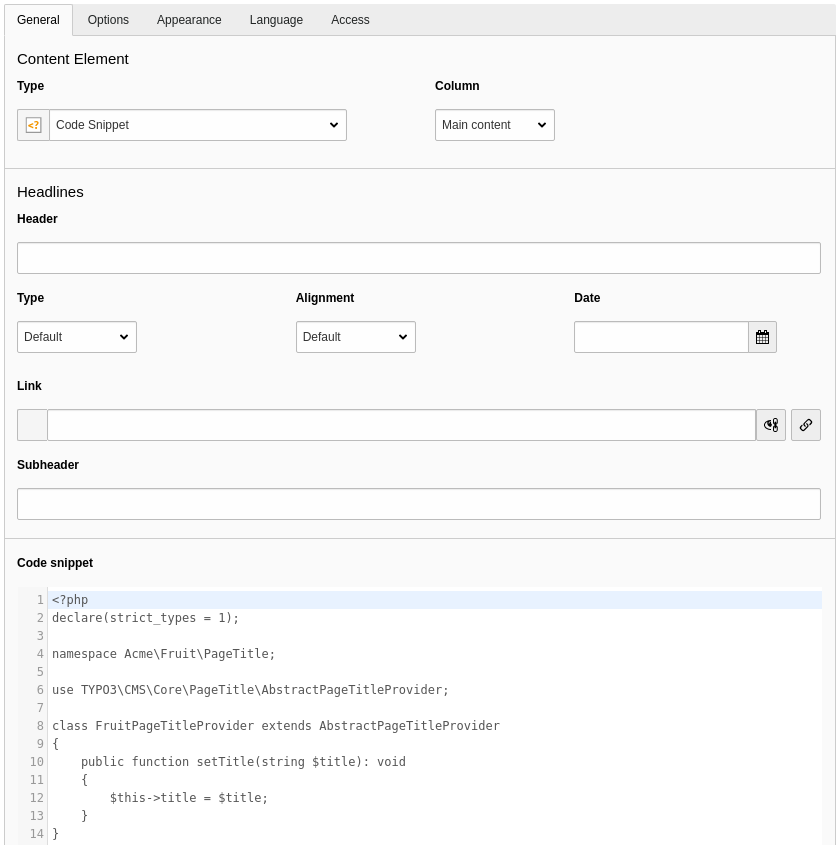 The "General" tab of the content element