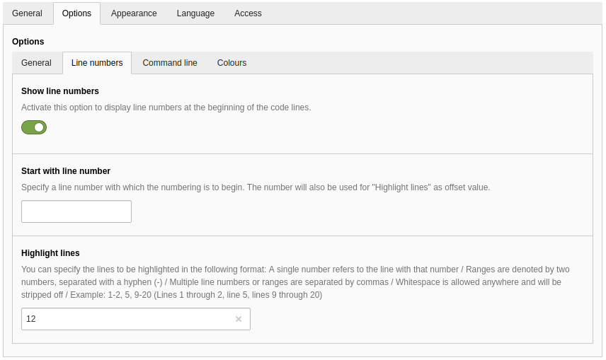 Options for showing and adjusting line numbers