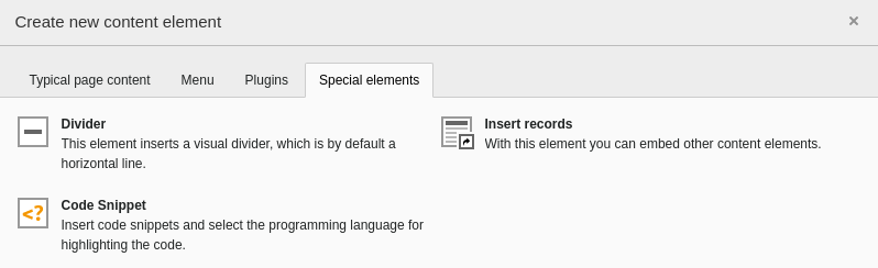 "Code Snippet" content element in the content element wizard