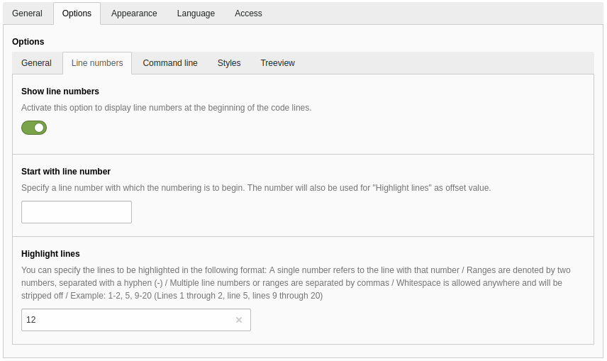 Options for showing and adjusting line numbers