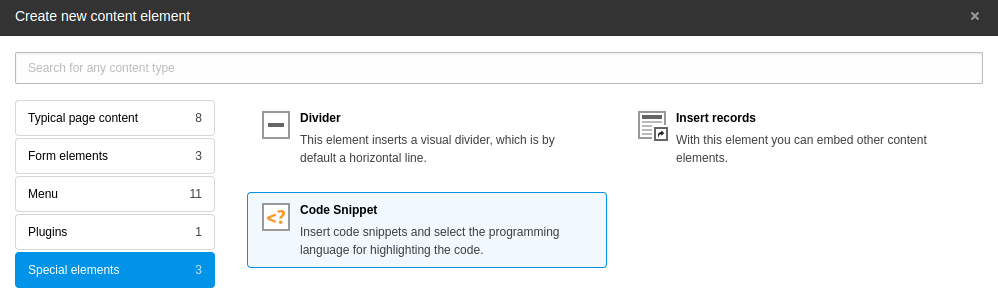 "Code Snippet" content element in the content element wizard