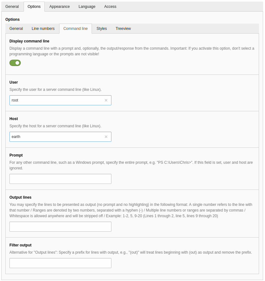 Options for a command line snippet