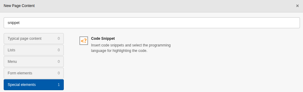 "Code Snippet" content element in the content element wizard