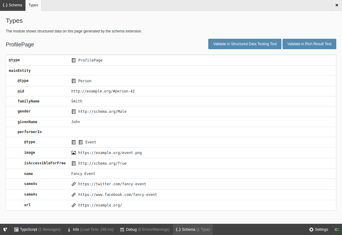 Types information in the Admin Panel
