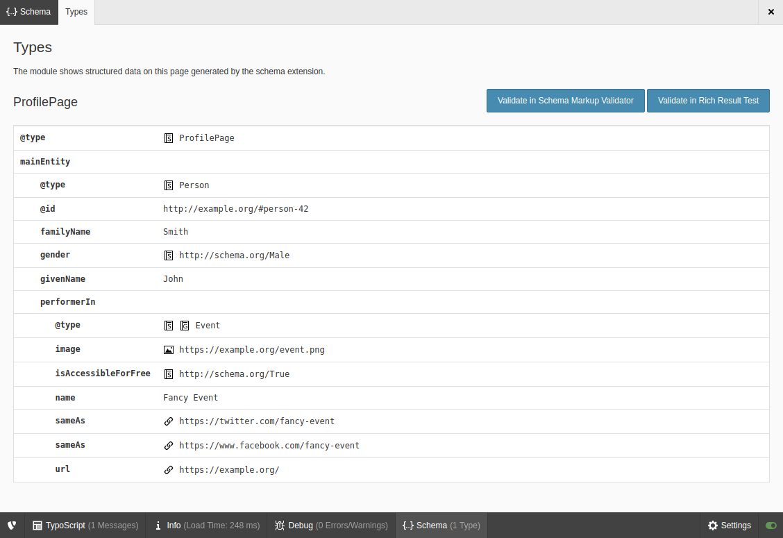 Types information in the Admin Panel