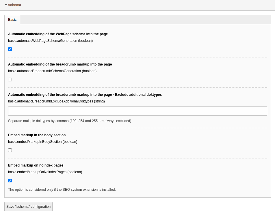 Options in the extension configuration