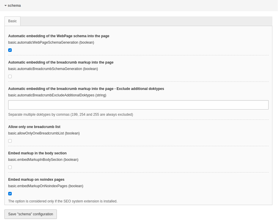 Options in the extension configuration