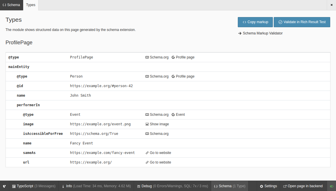 Types information in the Admin Panel
