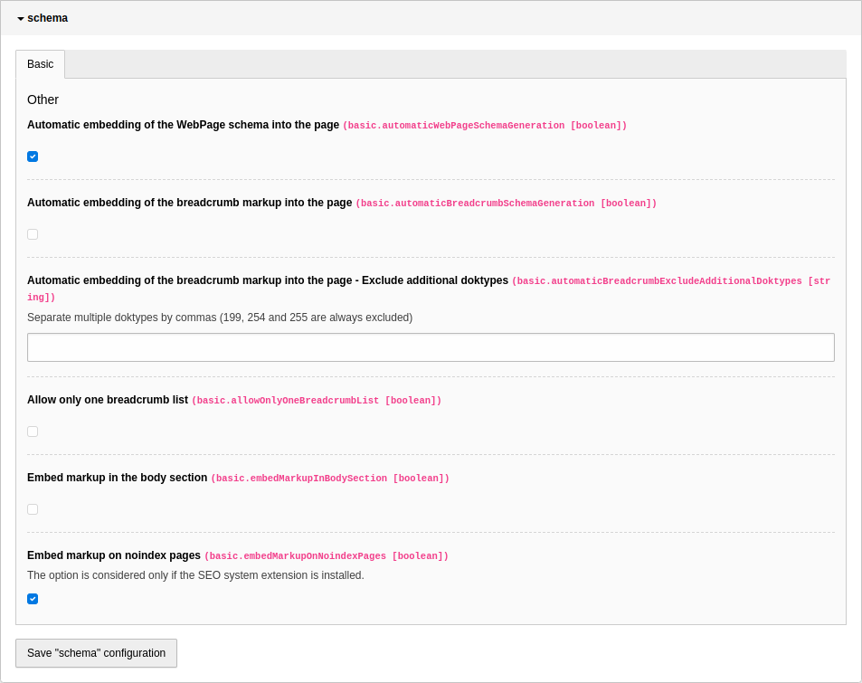 Options in the extension configuration