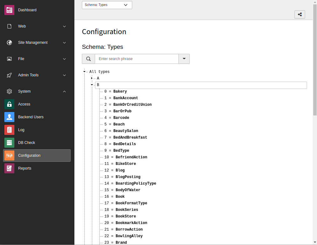 Available types in the Configuration module