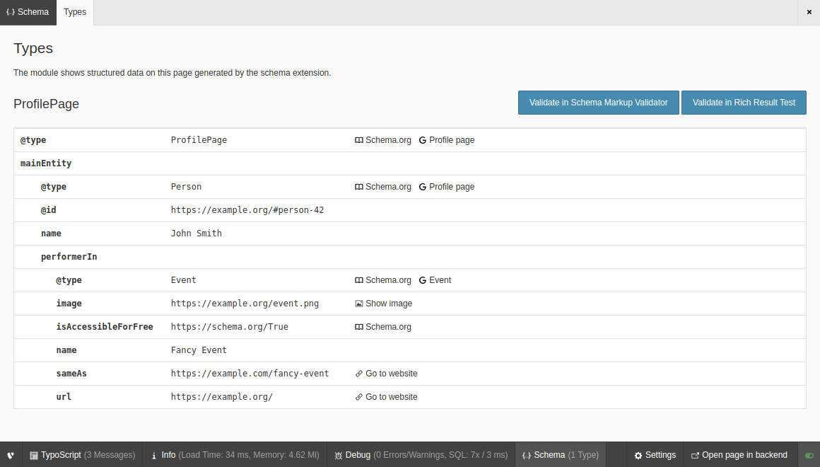Types information in the Admin Panel
