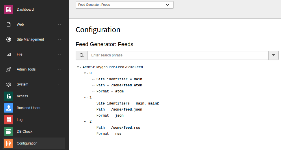 Configured feeds in the Configuration module